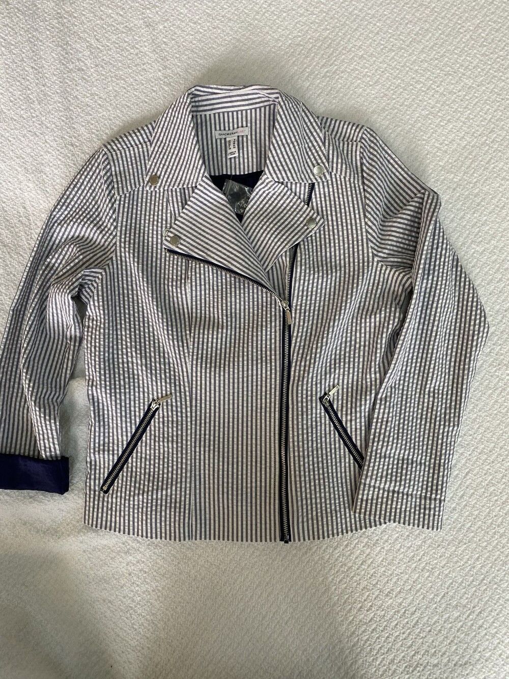 Isaac Mizrahi Seersucker Moto Jacket 6 Coastal Grandmother Navy Stripe Nautical